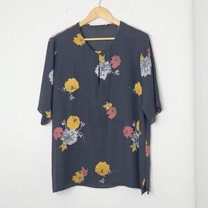 Contemporaine Black Floral V-Neck Tie Flowy Relaxed Fit Chiffon Blouse Size XL